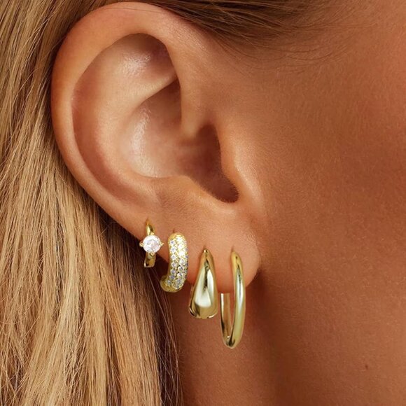 14K Gold Plated Lightweight Earrings Sets for Multiple Piercing Women Hoops - Picture 9 of 9